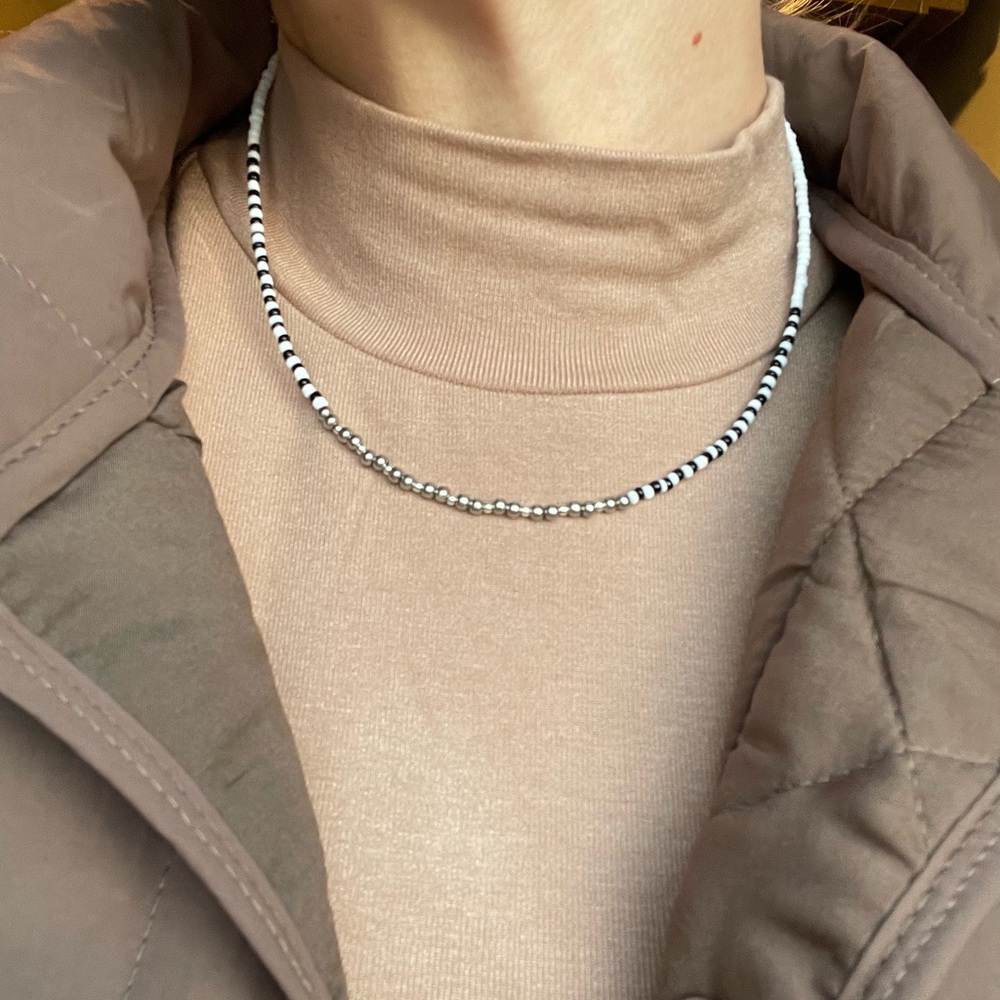 Black, white & silver beaded necklace